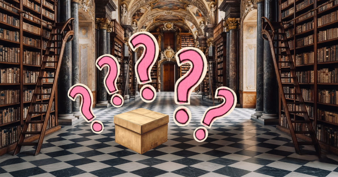 Challenge Box w bibliotece. Karton i znaki zapytania na bibliotecznej posadzce